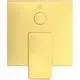 Wandmontierte Betätigungsplatte in Gold für eine Toilettenspülung. Logo von Ideal Standard oben mittig. Zwei Schaltflächen für Spüloptionen.